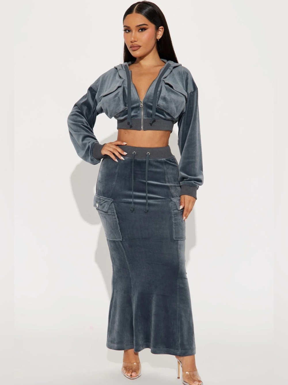 Velvet Maxi Cargo Skirt in Slate Gray